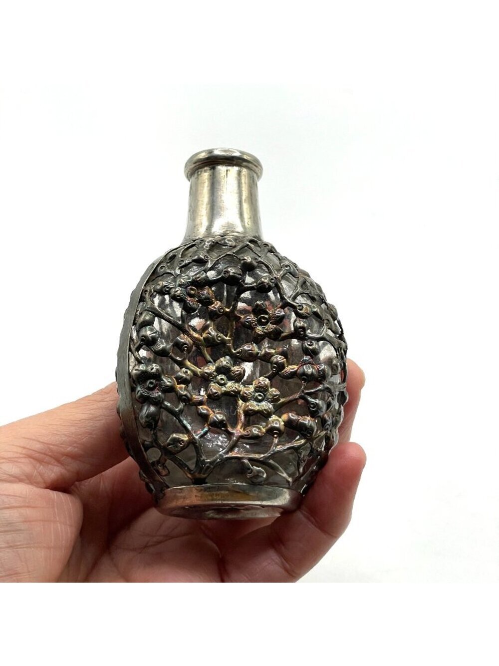 RARE Vintage Chinese Export Sterling Silver Floral Overlay Glass Pinch Bottle